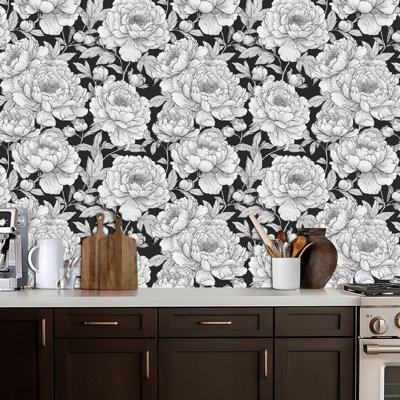 Papier peint auto-adhésif à motif de pivoines dessinés à la main à motif de pivoines grises et adhésives amovibles à la main 17,7 po x 118 po