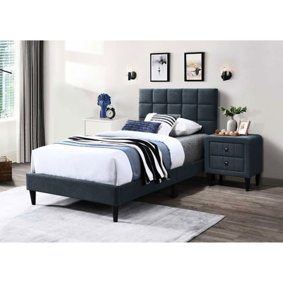 Lit simple avec tête de lit ajustable - support à 12 lattes, tissu en lin, tête de meuble de chambre à coucher moderne avec détails touffetés en biscuit, lin brossé confortable, capitonnage séduisant