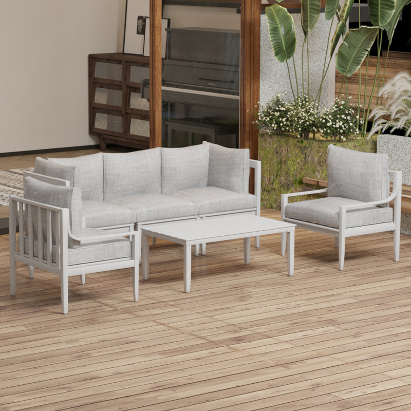 Patio Furniture Set With Cushion, 6 Pcs Aluminum Outdoor Sectional Sofa Set With Chair, Table | All Weather Use Modular Seating Conversation Set For Poolside Backyard, Frame With Cushion