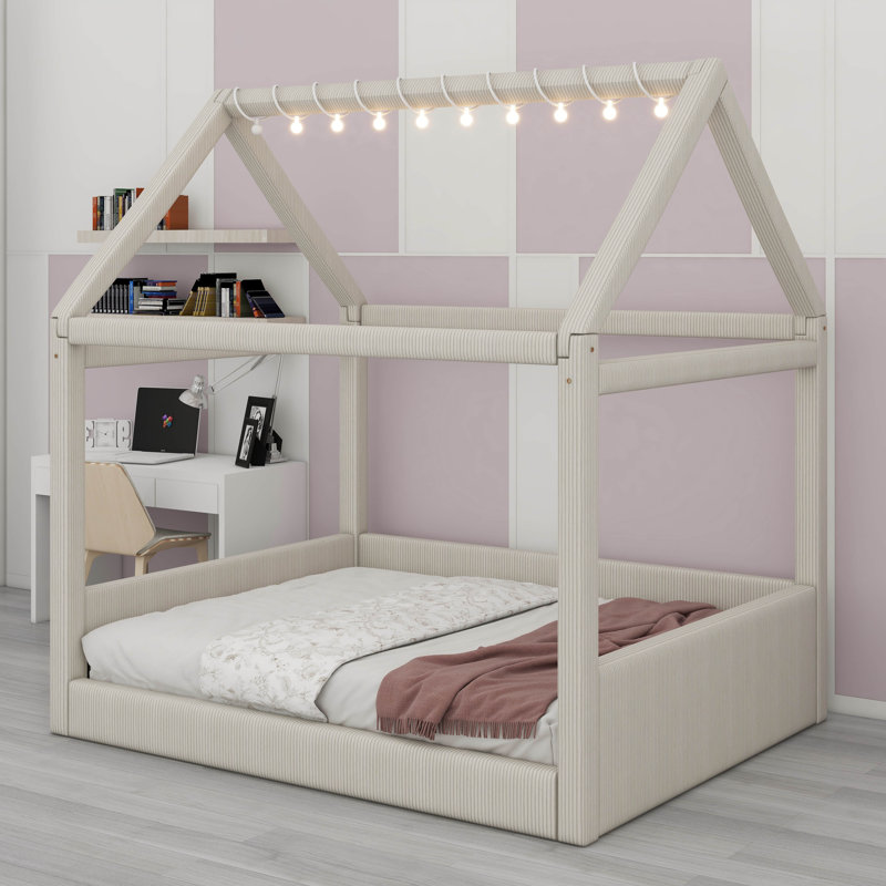 Lit de jour pour chambre double avec bandes lumineuses à DEL, maison rembourrée avec lattes de bois, aucun sommier nécessaire