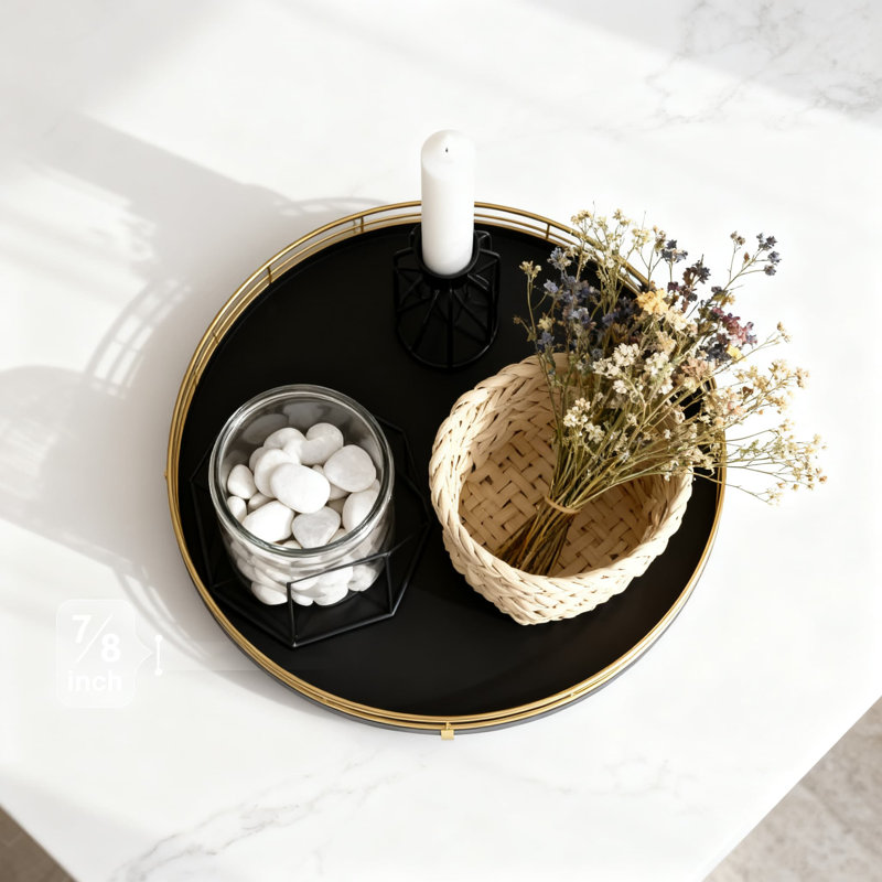 Rotating Wood Tray With Metal Frame, Multi-Purpose Organizer For Bathroom Vanity, Dresser, Kitchen Countertop, And Coffee Table Decor