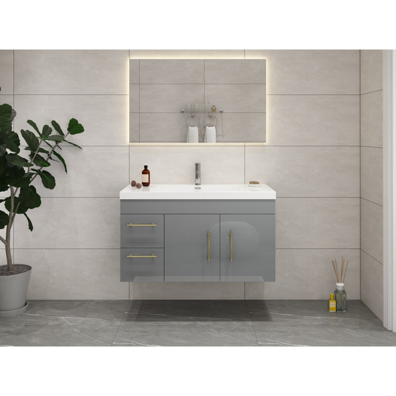 Meuble-lavabo mural gris brillant de 42 po avec lavabo en acrylique renforcé Carliss, Gris, Doré