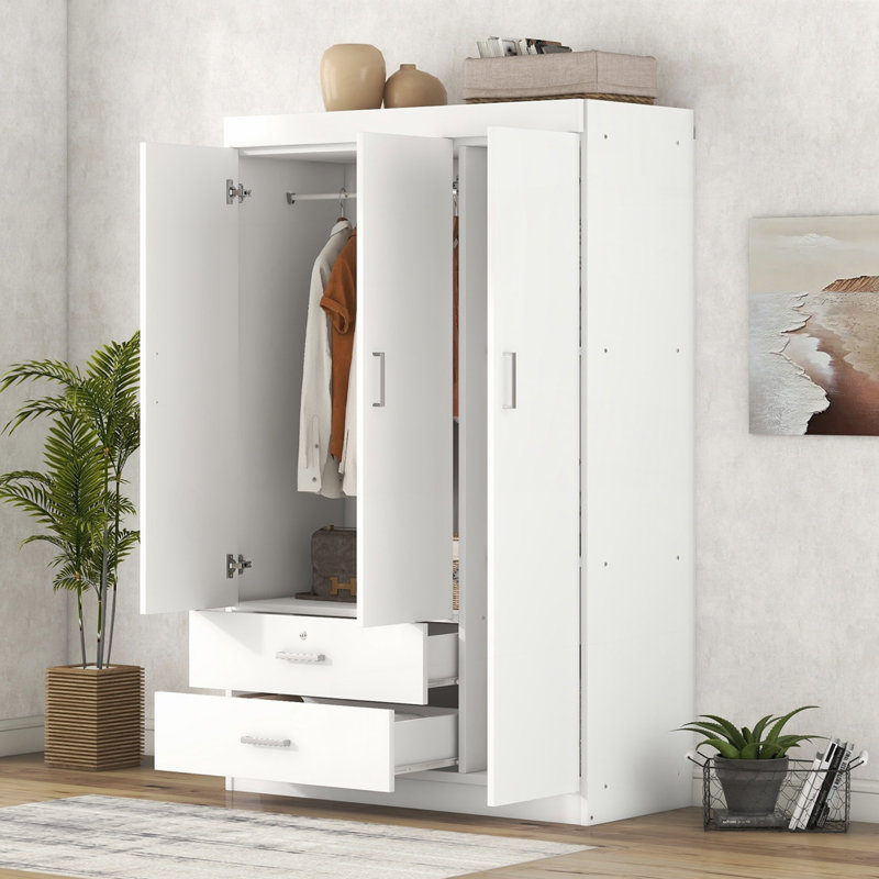 Armoire 3 portes avec 2 tiroirs, Blanc