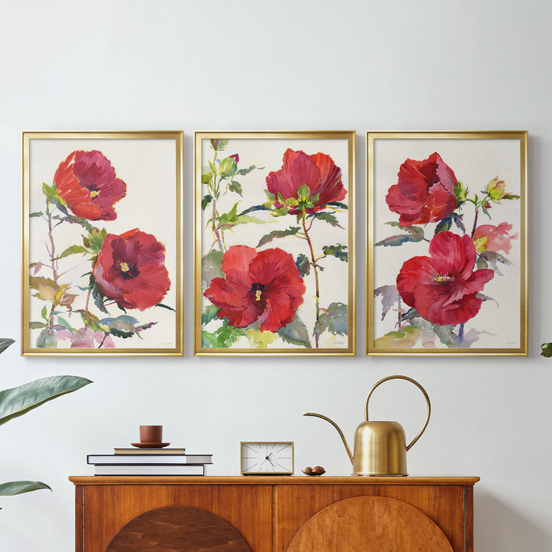 Hibiscus Glow I - Toile tendue avec châssis sur mesure - 3 pièces, H 27 po x l 39 po, Doré