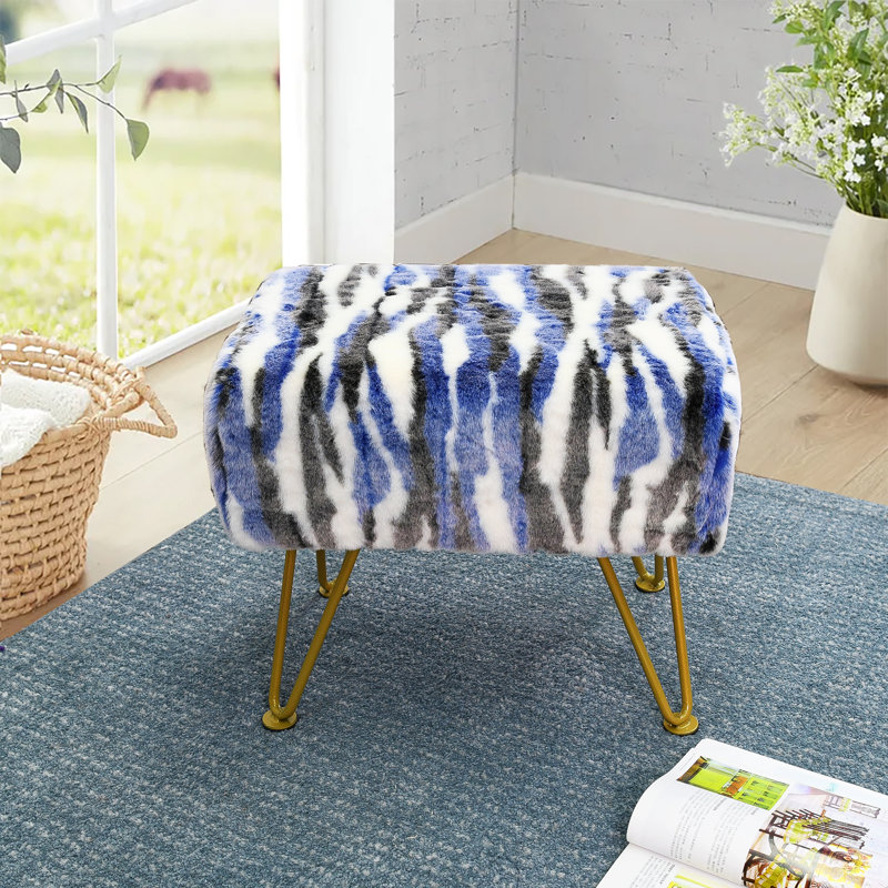 48.3cm Wide Rectangle Animal Print Standard Ottoman, Blue Faux Fur