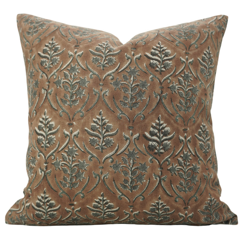 Fabdivine Hand Floral Block Print Thick Linen, Brown Pillow Cover, 20X20 Vishalpushp, 20"H x 20"W, Square