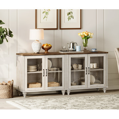 75" Mid-Century Modern TV Stand, Wooden Console Table With Storage Cabinet For Living Room & Bedroom, Kitchen Sideboard Buffet With Glass Doors For Di