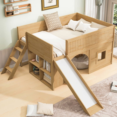 Full Size Wooden Low Loft Bed With Storage Shelves And Slide, Door And Window Design