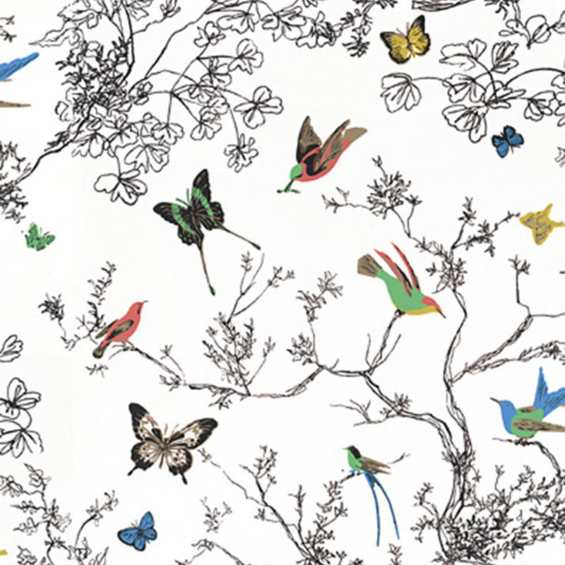 Tissu oiseaux et papillons, Multicolore / blanc