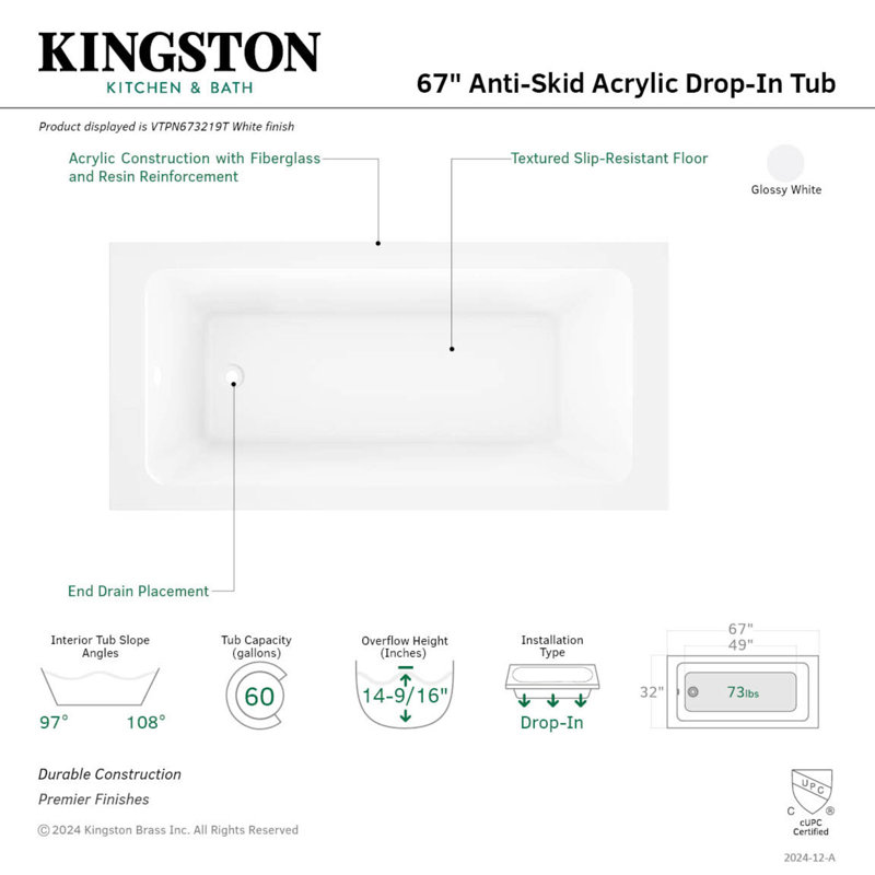 Kingston Brass Aqua Eden 67-Inch Acrylic Rectangular Drop-In Tub with Anti-Skid Surface