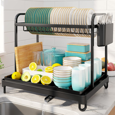 2-Tier Dish Drying Rack - Stainless Steel Dish Rack with Cutlery & Utensil Holders for Kitchen Counter, Sink Organization and Storage for Small Family, 16.7" W x 12.7" L x 15.8" H, Black