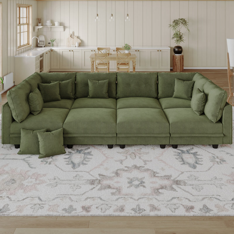 Degennaro 8 Seat Corduroy Convertible Modular Sectional Sleeper With Storage, Green Corduroy