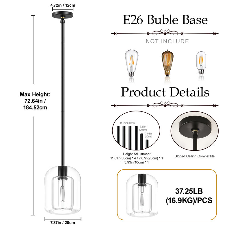 Black Pendant Light Fixtures, 7.8" Crystal Modern Pendant Lights, Indoor Pendant Light For Kitchen Island Dining Room Living Room Bedroom Bathroom