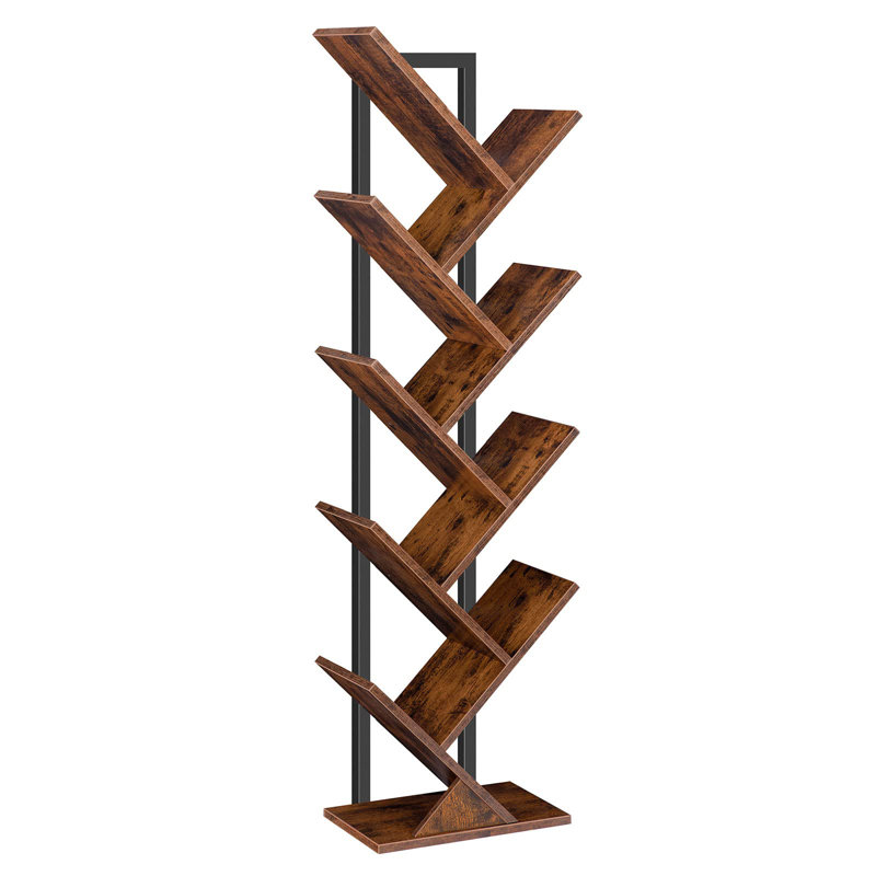 Rustic Brown 9-Tier Tree Bookshelf with Metal Frame