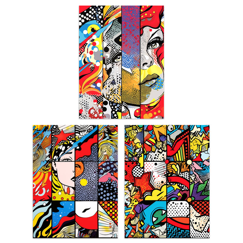 Abstract Pop Artwork Woman Face Comic Book Strip Style - 3 Piece No Frame Print Set, 40.5cm H x 30.5cm W x 0.3cm D