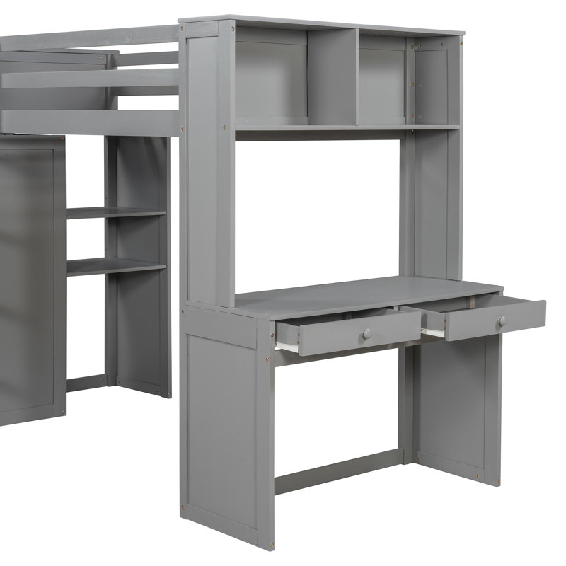 Lit mezzanine simple avec lit autonome, tablettes, bureau et garde-robe - gris