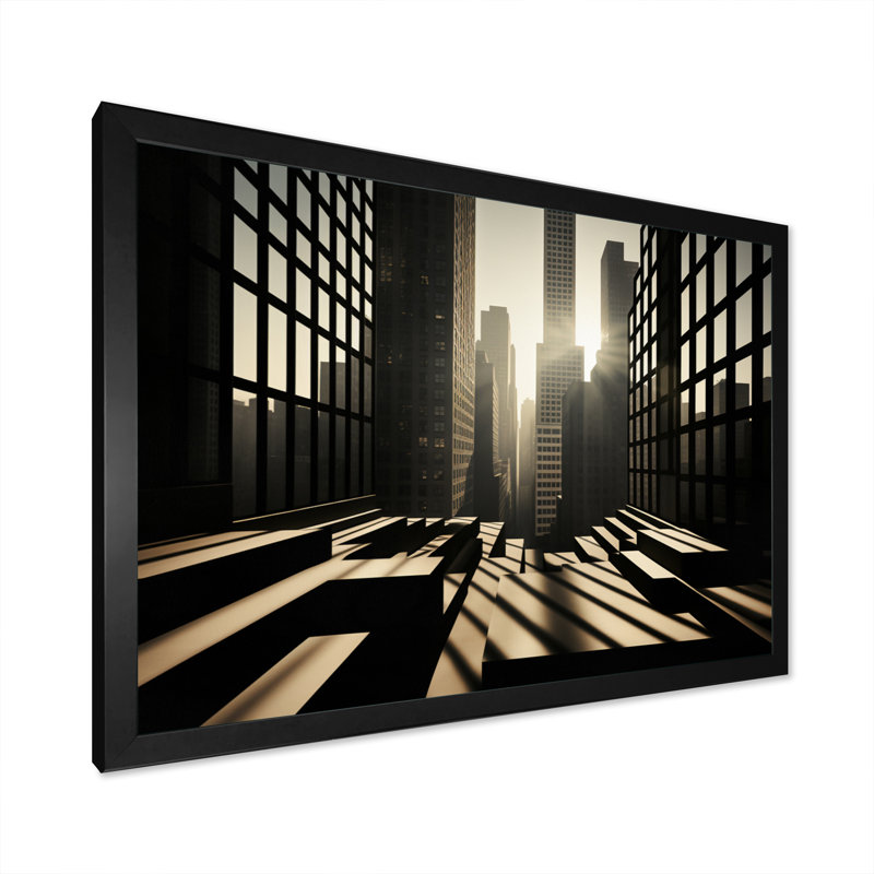 «Skyscrapers Architectural Shadows» sur toile, Cadre simple noir, H 34 po x l 44 po x P 1,5 po