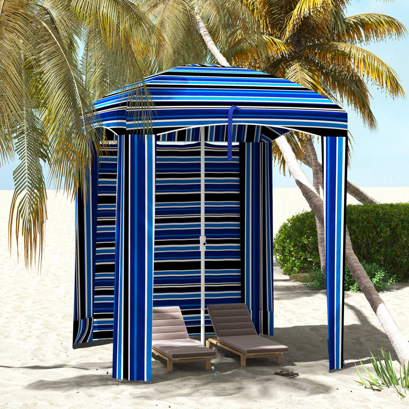 Parasol 5,8 pi x 5,8 pi avec murs, évents, volants, sac de transport, parasol de plage, rayures bleues