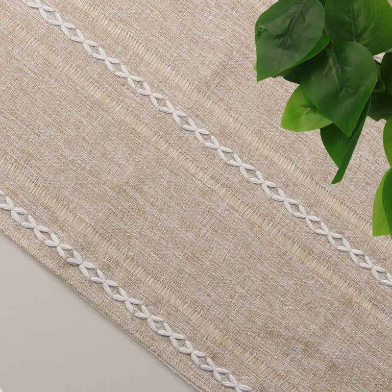 Cotton Blend Hemstitched Embroidered Striped Table Runner With Tassels, Taupe, 94" Rectangle