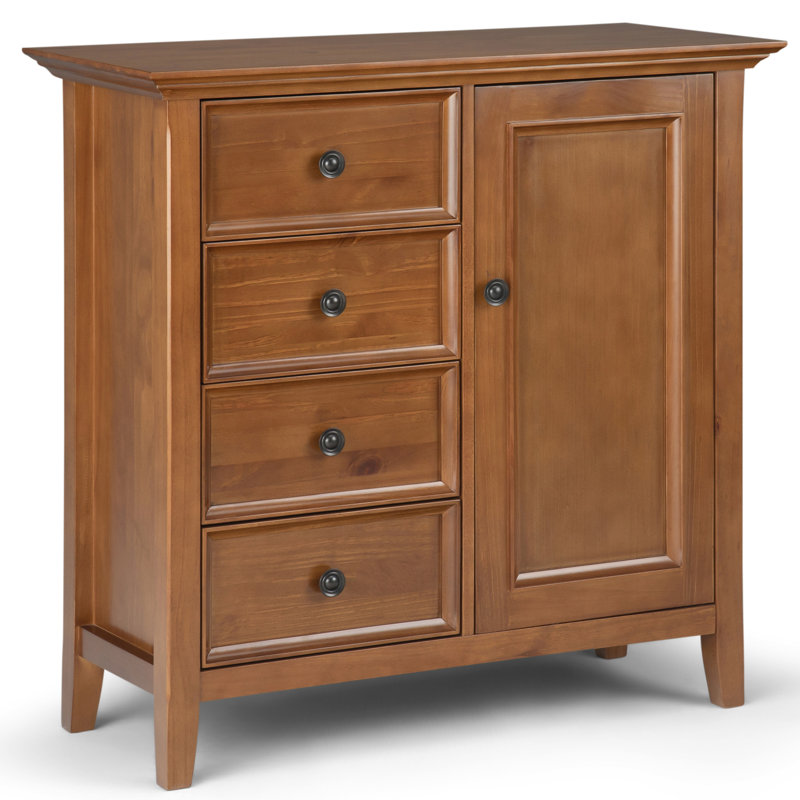 Amherst 32"W Solid Wood 2-Shelf Low Storage Cabinet with Adjustable Shelves and Tapered Legs, Light Golden Brown