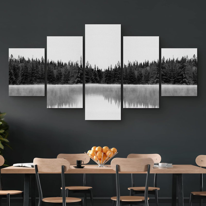Nature, paysage, noir, blanc, gris, rustique, forêt, lac, paysage, photographie, art contemporain, scénique sur toile, ensemble de 5 pièces