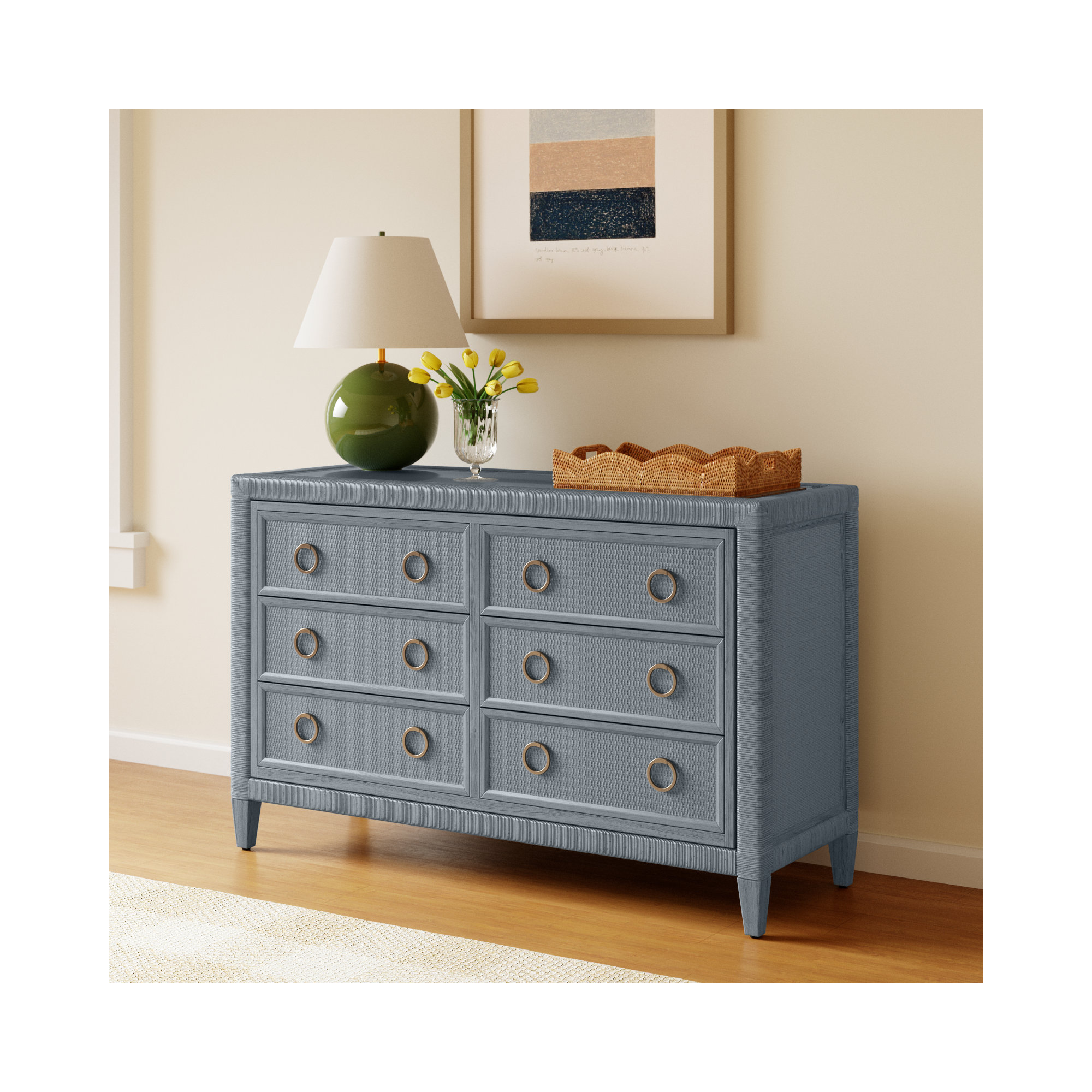 Warwick 6-Drawer 54" W Double Dresser, Sea Glass, Satin Brass