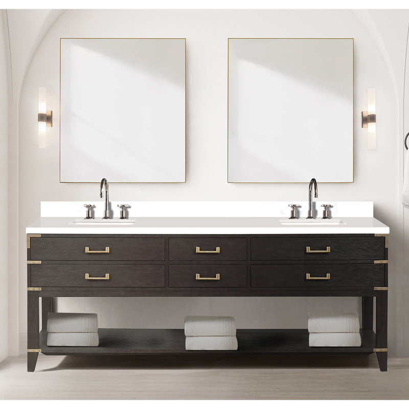 Ensemble de meuble-lavabo double l 84 po x P 22 po, plateau en marbre de culture et robinet, Chêne brun