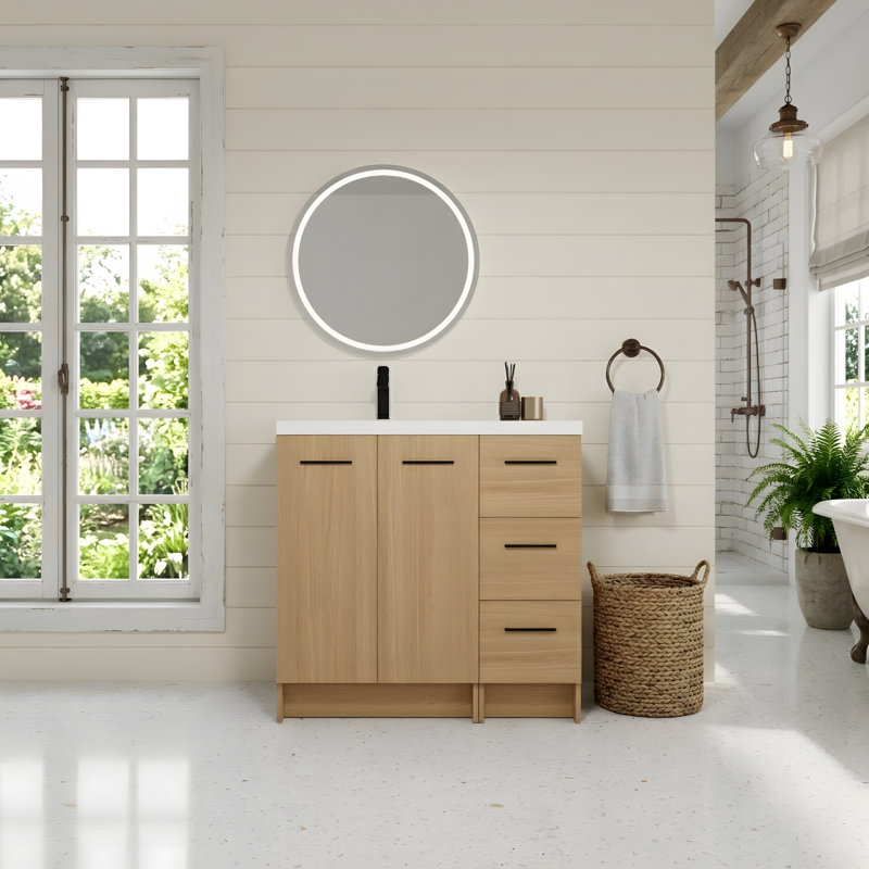 Meuble-lavabo sur pied 36 po avec lavabo en résine et armoire de rangement multifonctionnelle