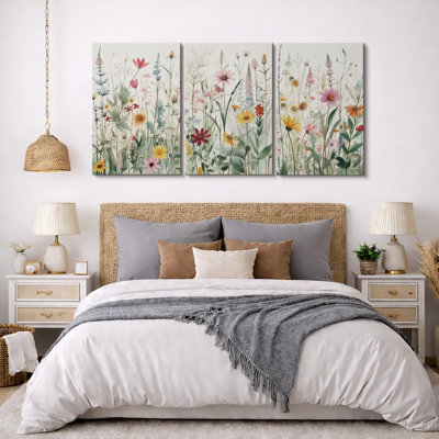 «Vibrant Wildflower Green Garden Floral Boho», reproduction d'art encadrée sur toile, 3 pièces