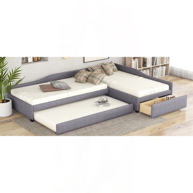 Upholstered Double Twin Size Daybed With Trundle And Drawer