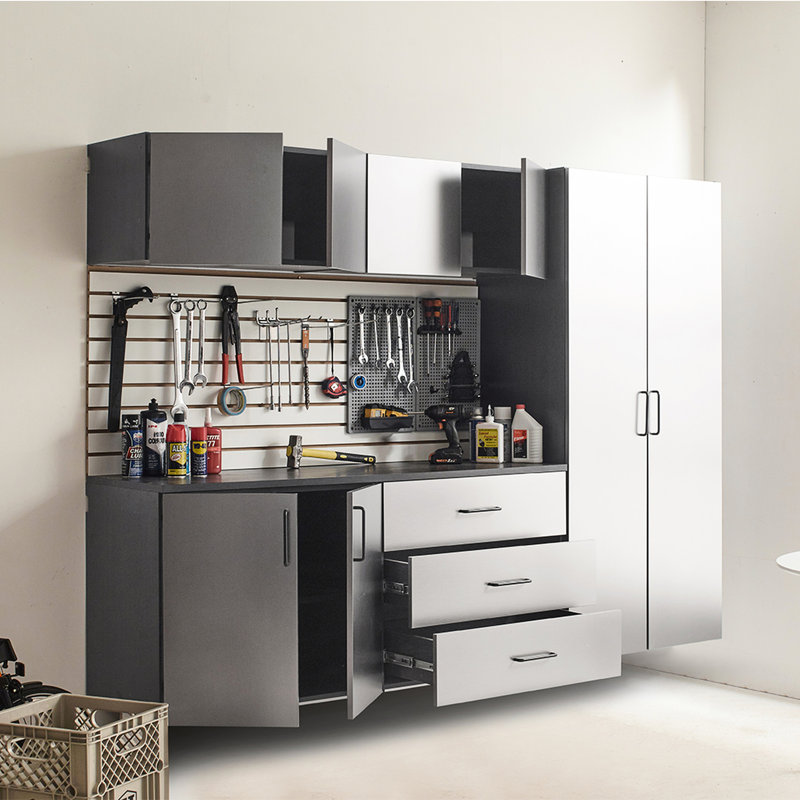 Série, Armoire de garage, finition gris métallique, tiroirs, facteur de qualité de l'eau et de la chaleur, 2 bandes de bordure plus épaisses, ensemble de tablettes réglables, support double en métal 6 B, 96 po L 79 po x P 20 po, tiroirs