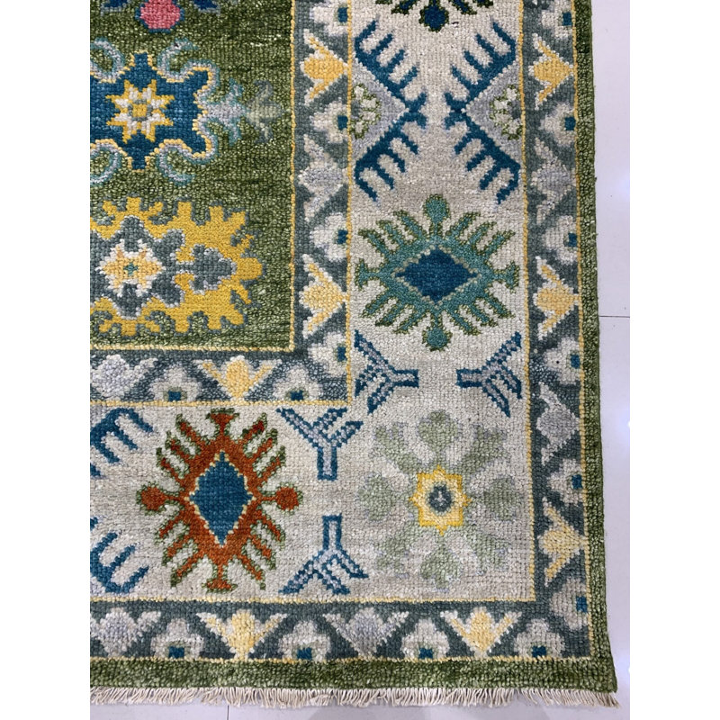 Green Hand-Knotted Wool Olive Field Medallion Classic Traditional Modern Contemporary Carpet Rug, 6' x 9'