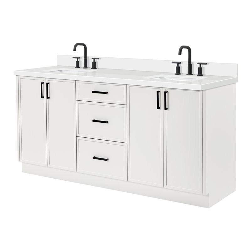 ARIEL Kelly 73 Double Sink Bathroom Vanity with Pure Quartz Top, White, Rectangular, Pure White Quartz
