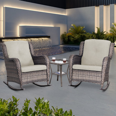 3 Piece Rocking Chair Set Seating Group With Beige Cushions by Joyside