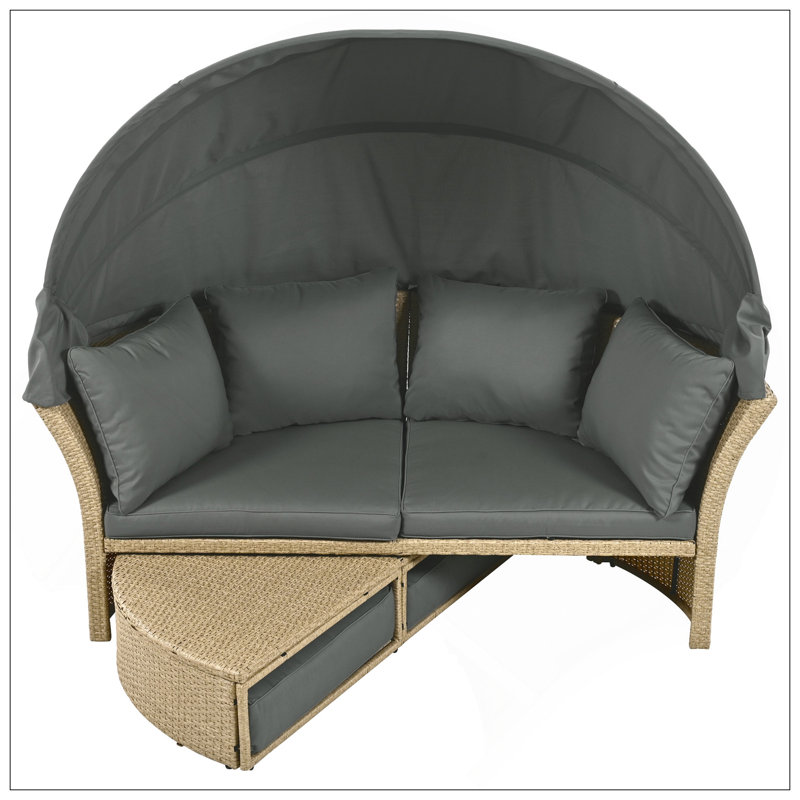 Outdoor Patio Daybed Double Daybed Round Sofa Furniture Set With Retractable Canopy, 4 Pillows For Lawn Garden Backyard Porch Pool