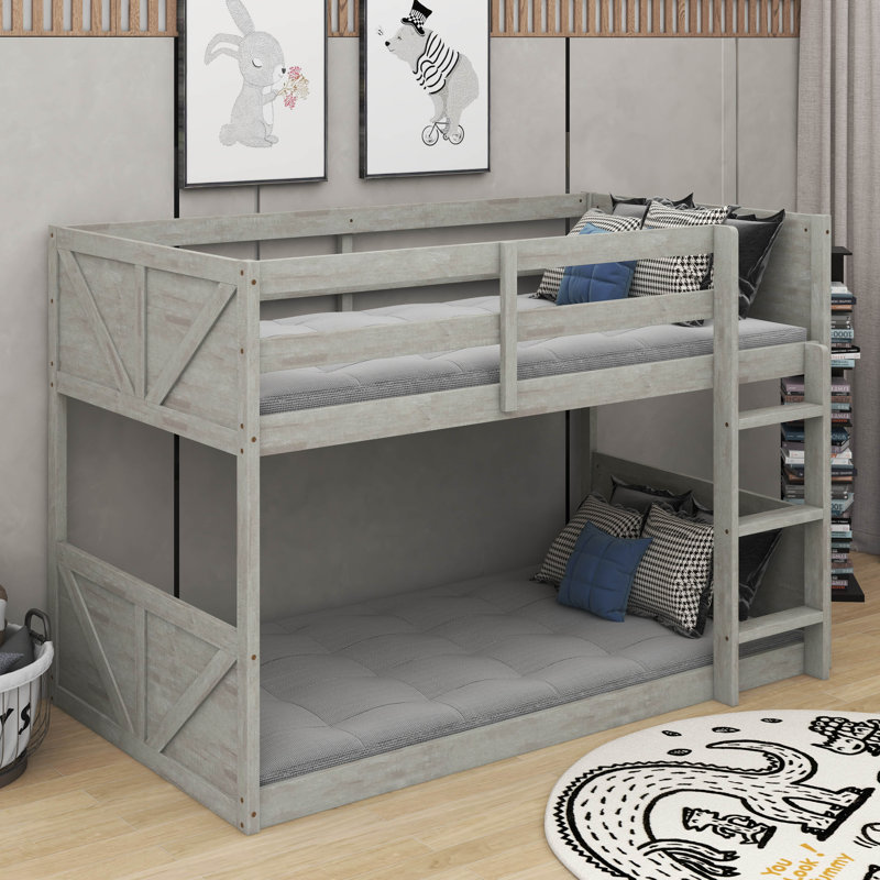 Twin Over Twin Floor Bunk Bed With Panelled Headboard And Footboard, Solid Rubber Wood Foundation With Safety Guardrails, Built-In Ladder