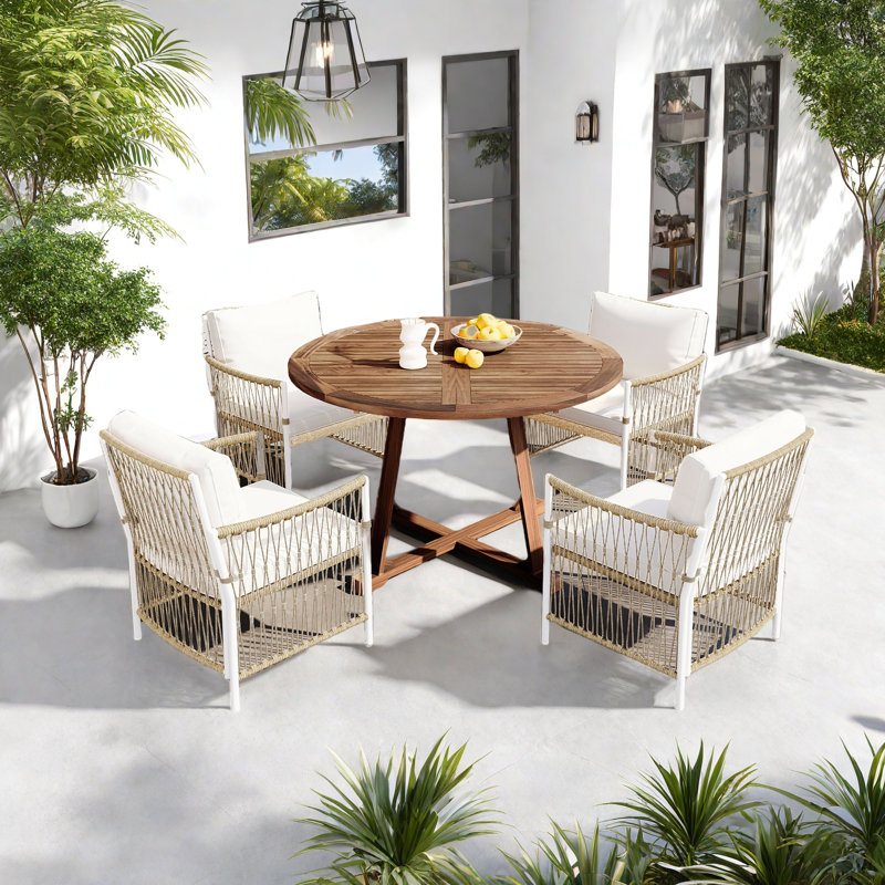 5-piece Patio Dining Table Set Included 1 Extendable Coffee Table, 4 Rattan Arm Chairs With Cushions And Iron Frame