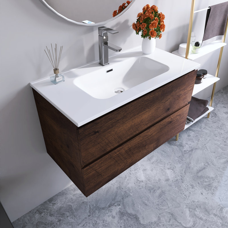 Meuble-lavabo flottant 30 po avec lavabo en céramique blanche et grand rangement blanc brillant, Brun, 36"