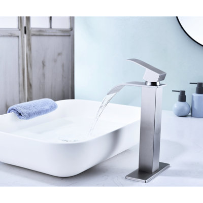 Robinet de lavabo de salle de bain à poignée simple - Bec cascade, acier inoxydable, bonde escamotable, modèle de bec plaqué nickel brossé, acier, poignée, finition