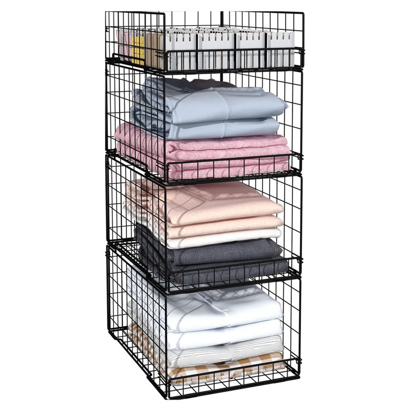 4 Tier Foldable Metal Storage Baskets For Clothes Black