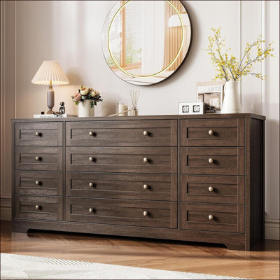 Wooden Dressers for Bedroom with 12 Drawers, Wide TV Stand Dresser for 65 Inch TV, Chest of Drawers, Wood Modern Clothes Storage Organizer for Living