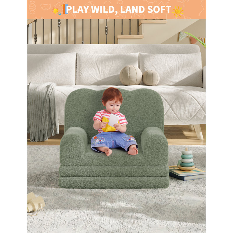 Kids Couch, 2-in-1 Convertible Teddy Fleece Fabric Toddler Sofa Chair, Soft Fold Out Couch Lounger for Kids, Comfy Children's Sofa Bed for Playroom
