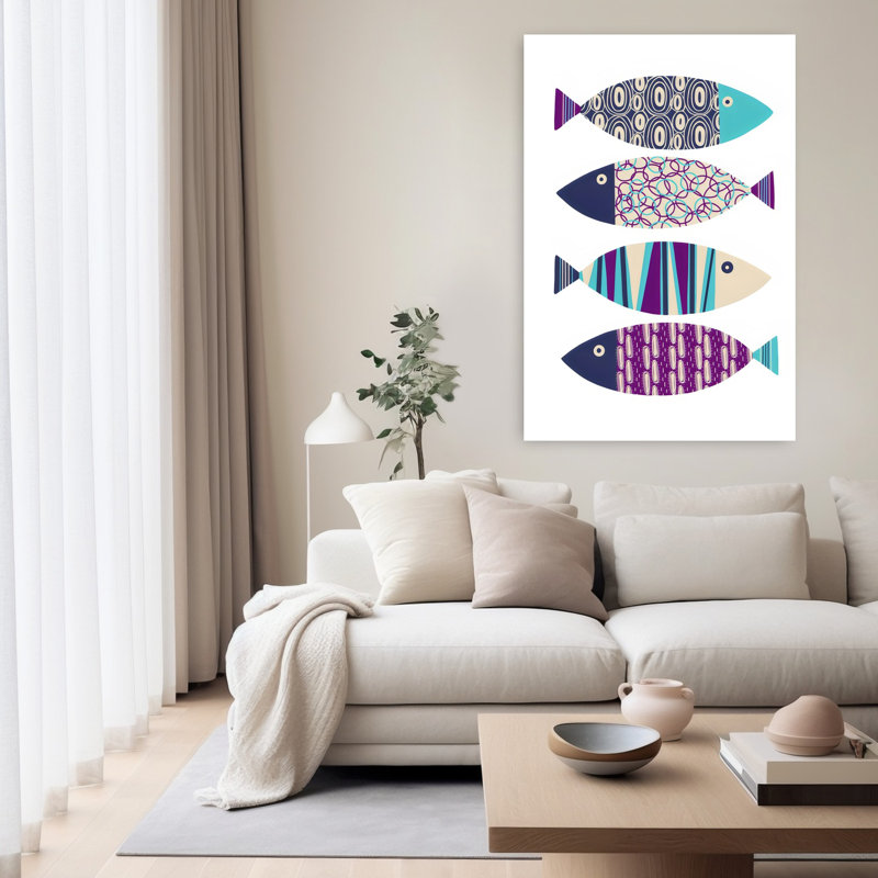 Motif abstrait poisson, art mural contemporain, 60" H x 40" W