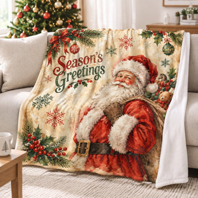 Couverture en flanelle du Père Noël (1 pièce) - Décoration festive ; jeté douillet et chaud pour divan-lit ; cadeau de Noël parfait ; détente à la maison ; lavable à la machine ; impression sur une face ; indispensable pour la literie et le divan pendant les fêtes.