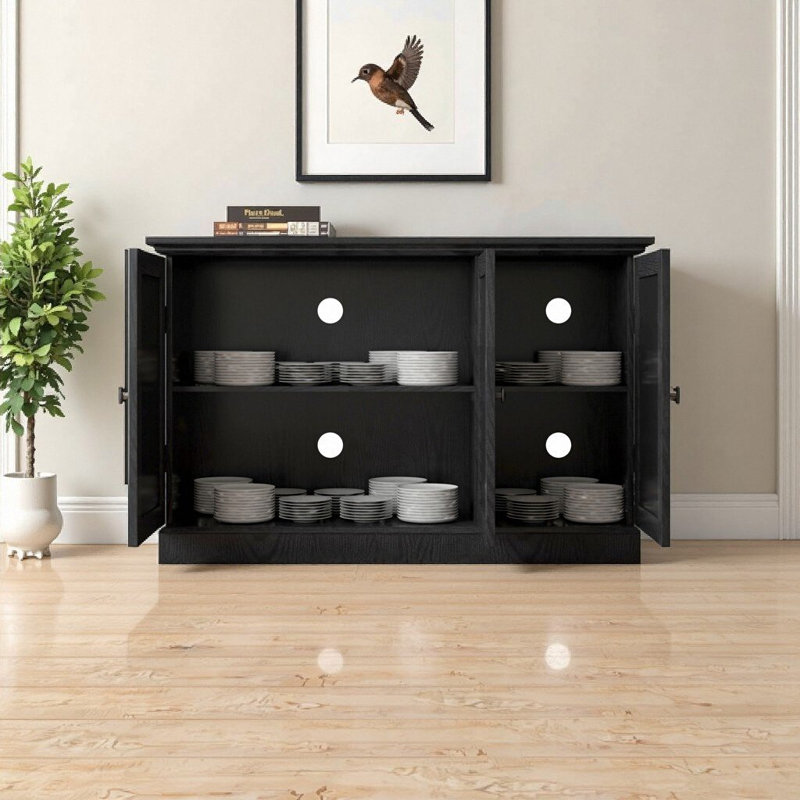 45" W Black Mirrored Buffet Cabinet with 3 Acrylic Doors - Compact Storage Sideboard w/Adjustable Shelves for Living Room, Kitchen or Dining Room