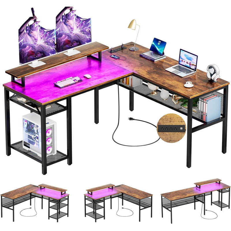Bureau en L de 55 po avec rangement Torque, prises de courant et bande DEL Toria, Brun rustique / noir