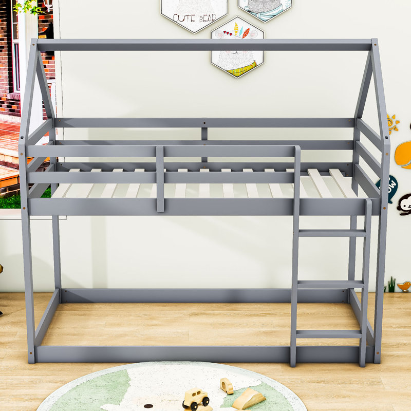 Dealba Twin Over Twin Wooden House-Shaped Bunk Bed With Ladder And Guardrails, Gray
