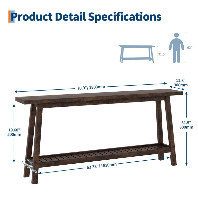 70.9" Extra Long Tier Console Table, Narrow Industrial Farmhouse Sofa & Entry Table for Hallway, Brown