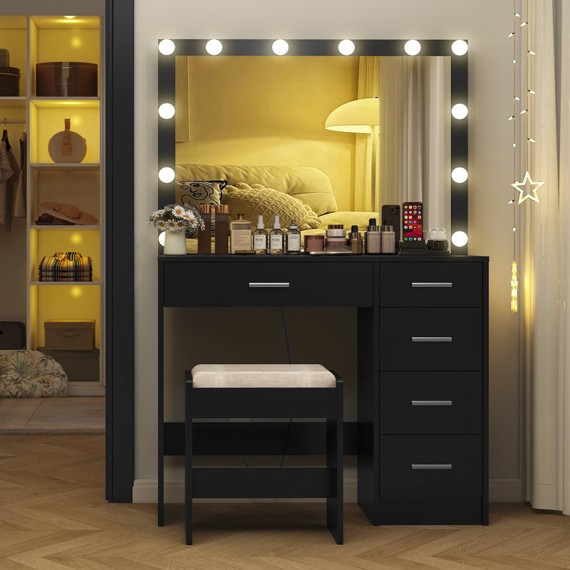 Coiffeuse avec lumières et tabouret Jaq, Noir