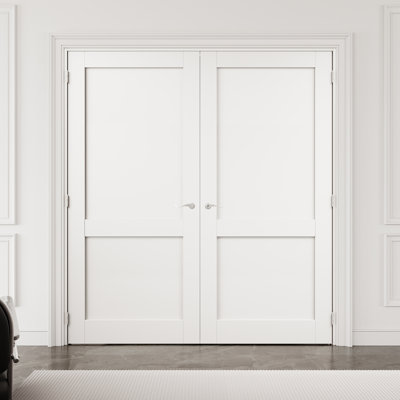 72" x 80" 2-Panel Interior French Door with Silver Hardware & Latch & Door Lever, Solid Core Door Slab, Paintable & Waterproof, Suit for Laundry, Closet Doors, Room Doors, Assembly Required